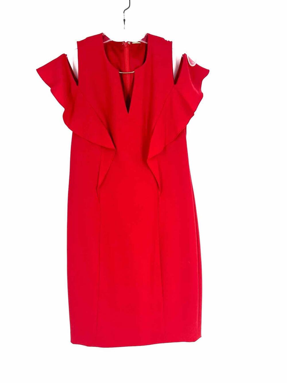 Elie Tahari Size 8 Red/Gold Keyhole Cold Shoulder Designer Dress
